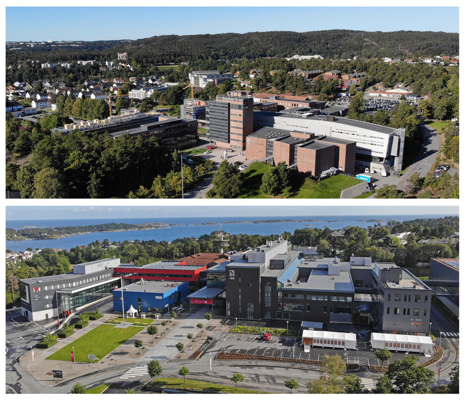 UiA - Campus Kristiansand (øverst) og Campus Grimstad