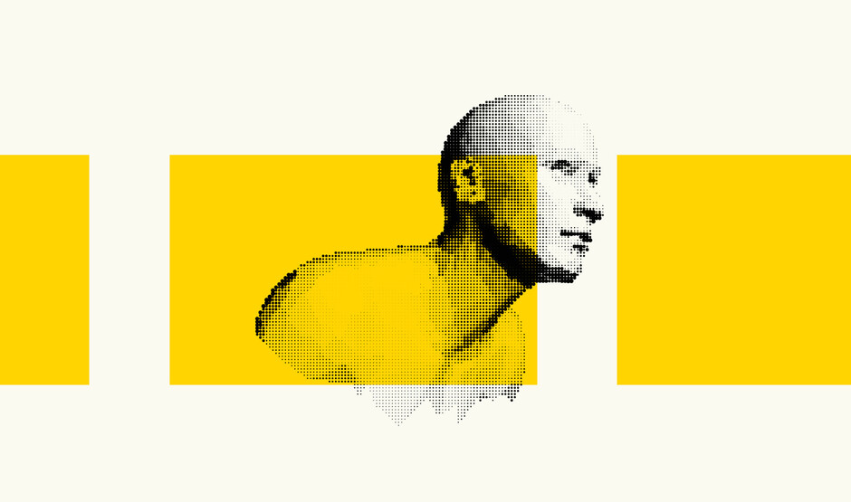 Pixellated human peering out of a canvas with large yellow rectangles