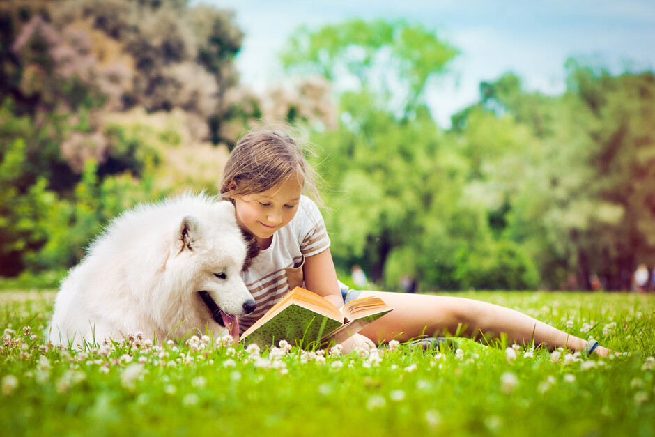 Illustrasjonsfoto av en jente som leser for en hund