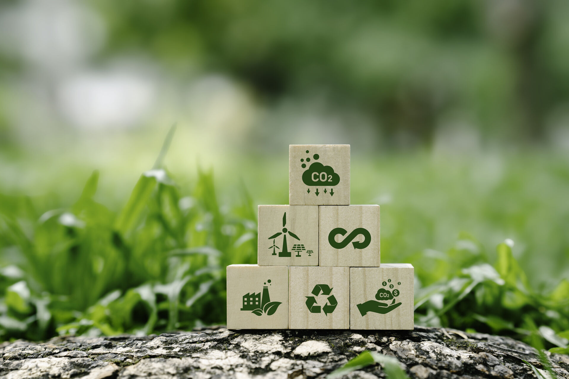 Illustrative photo of building blocks with sustainability logos.