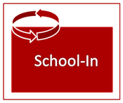 Rød bakgrunn med hvit skrift der det står School-In, med piler som viser en sirkulær bevegelse øverst i venstre hjørne.
