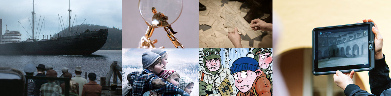 A collage of pictures showing the second world war in various media