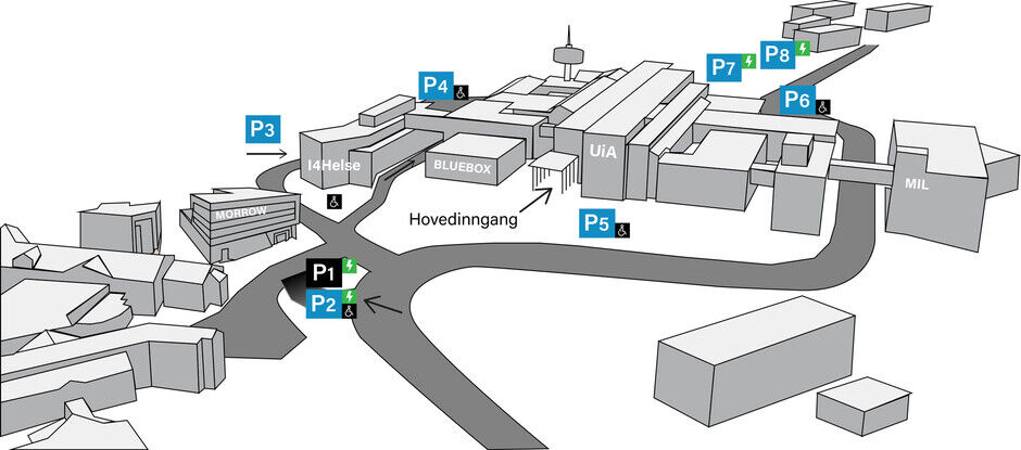 Oversiktskart over Campus Grimstad, med hovedinngang og parkeringsplasser