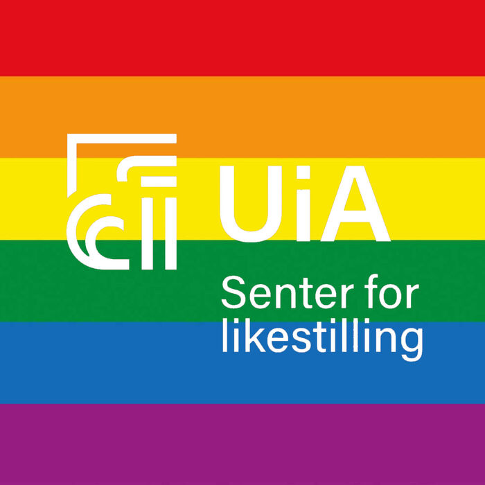 Bildet viser logoen til Senter for likestilling med hvite bokstaver foran Pride-fargene.