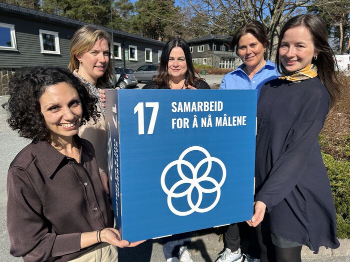 De fire personene på bildet holder frem en boks med FNs bærekraftmål nummer 17: Samarbeid for å nå målene.