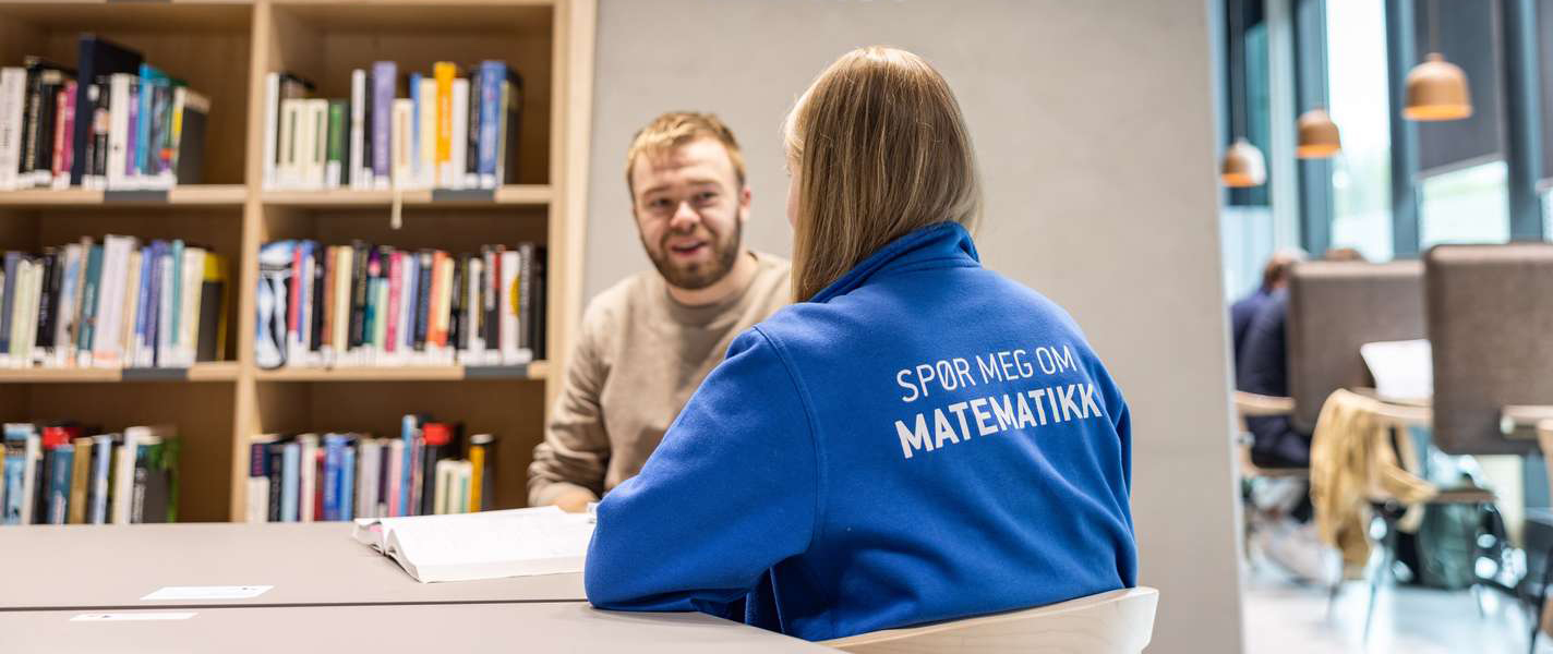 En student fra MatRIC med teksten "spør meg om matematikk" på ryggen hjelper en annen student