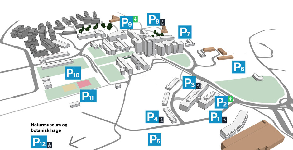 Kart som viser hvor parkeringsplassene på Campus Kristiansand er